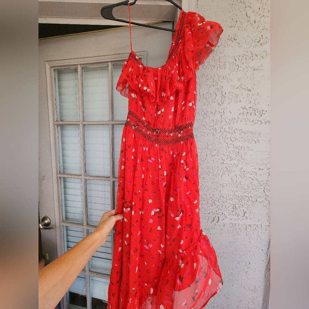 Joie Silk One-Shoulder Ruffle Red Floral Maxi Dress - Picture 10 of 14